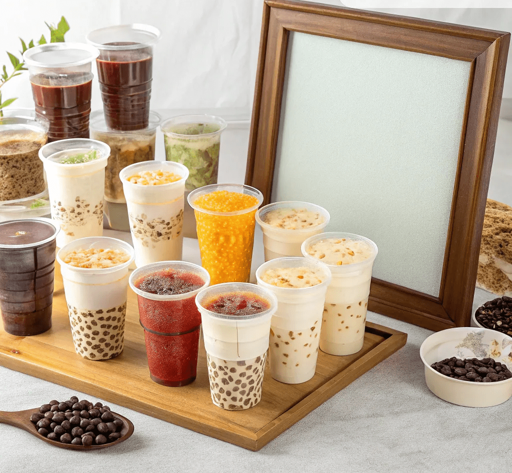 A tidy table is neatly arranged with numerous disposable cups, each filled with a variety of beverages.
